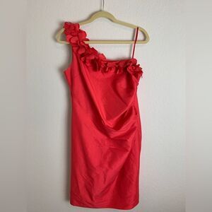 Jessica Howard: One shoulder figure-flattering red dress with a floral collar